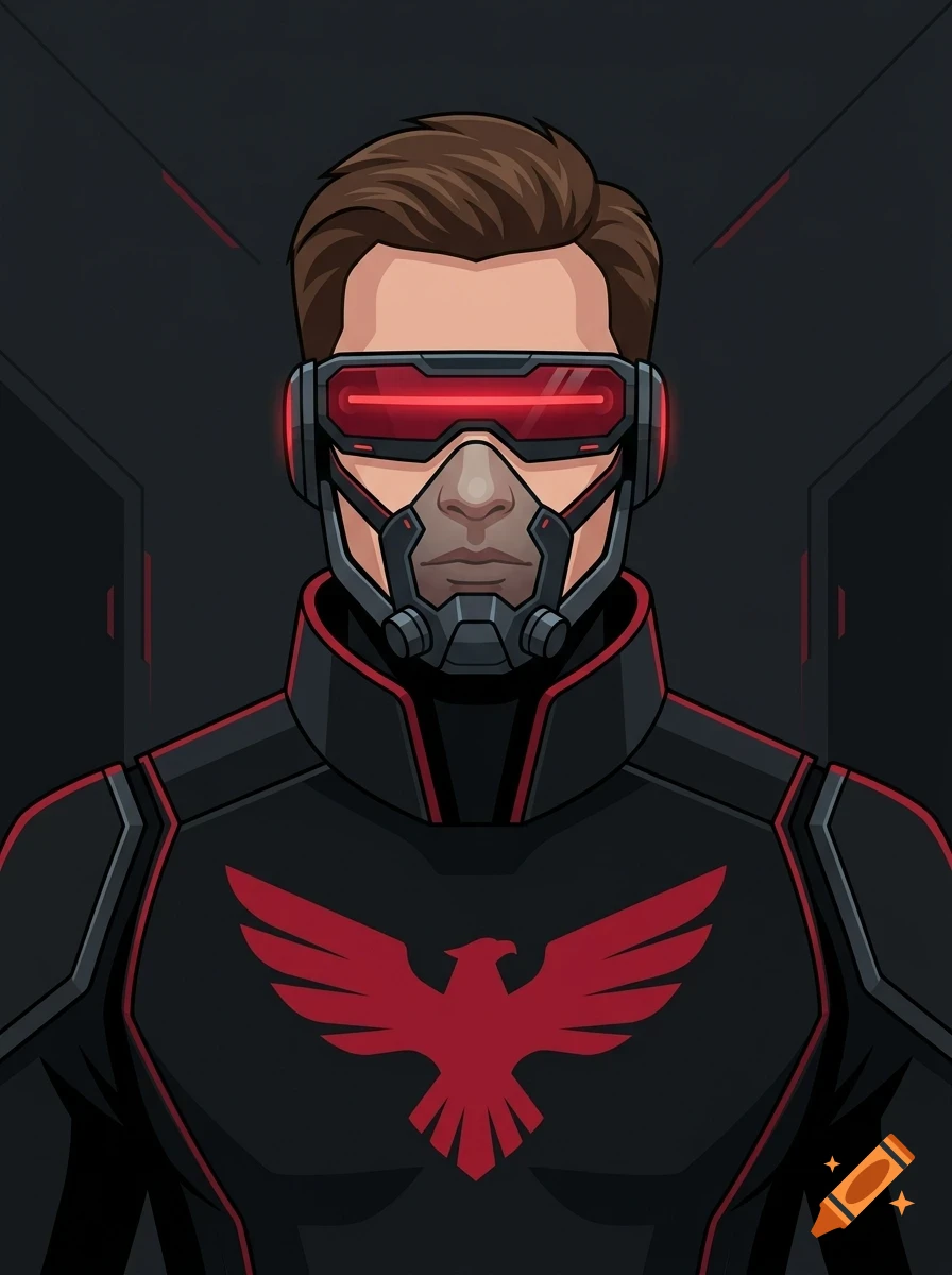 A stylized portrait of a man wearing a dark futuristic suit with a red bird emblem, a visor, and a breathing mask.