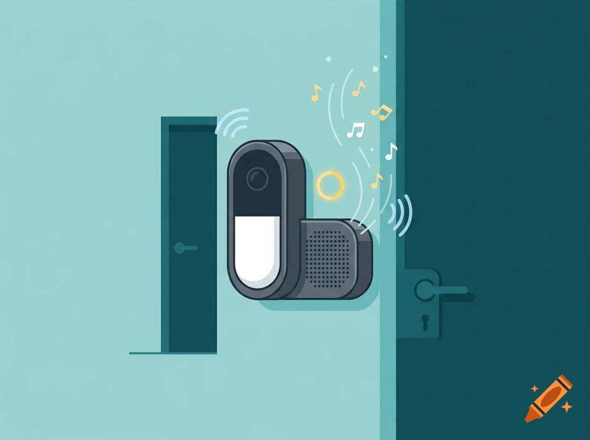 Digital illustration of a modern doorbell and speaker unit on a wall, emitting musical notes and sound waves.