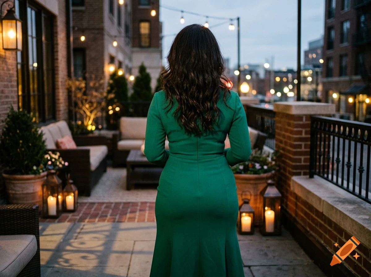 A woman with long dark wavy hair seen from behind, wearing a long-sleeved green dress on an outdoor terrace at dusk with string lights and lanterns.