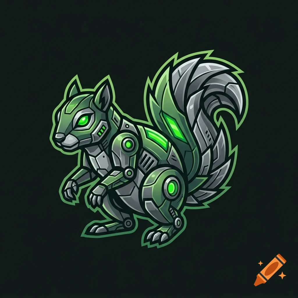 Illustration of a robotic squirrel with green and silver metallic armor and glowing green eyes against a dark background.