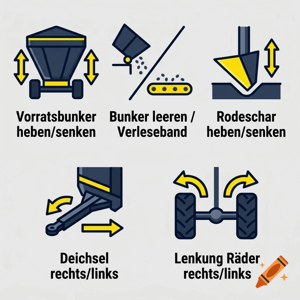 An instructional diagram with five panels illustrating agricultural machinery controls and operations, accompanied by German labels.