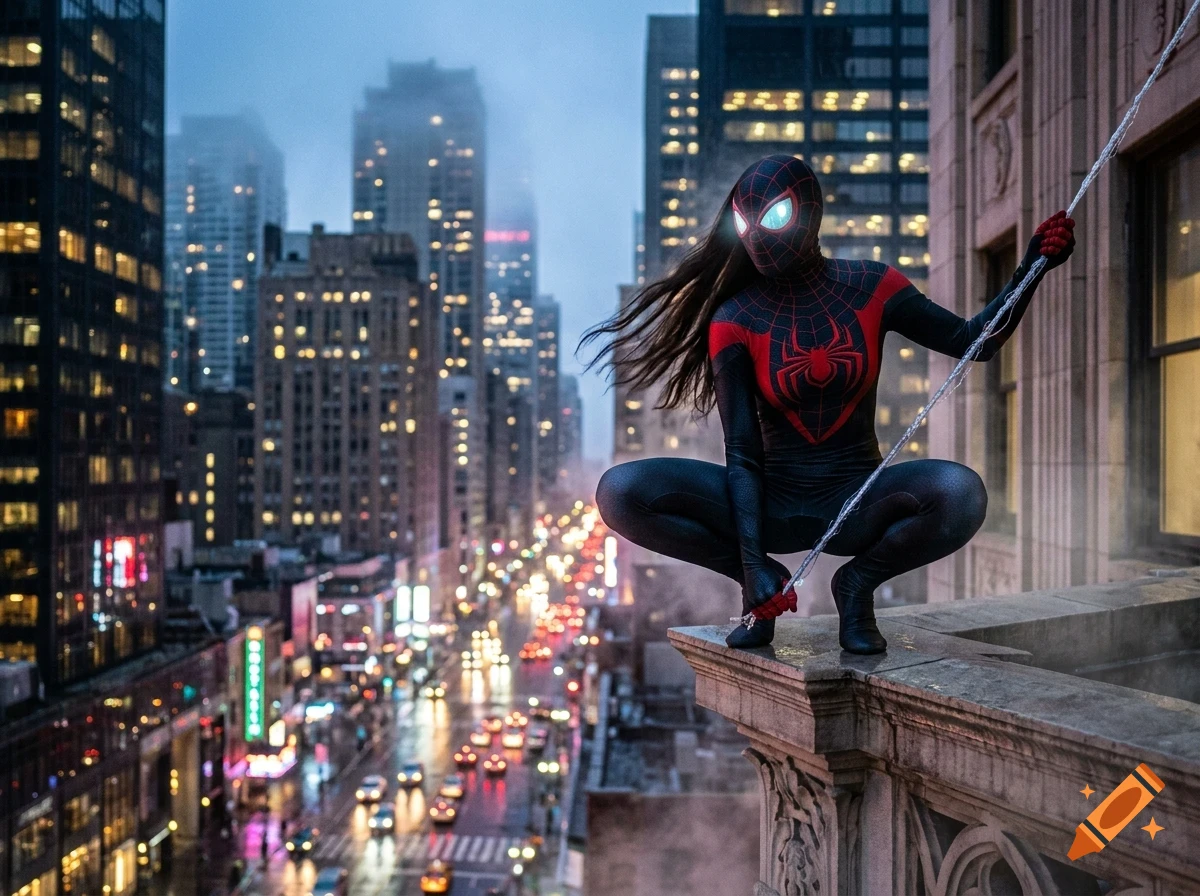 A person in a black and red Spider-Man suit crouches on a building ledge over a city street at dusk.