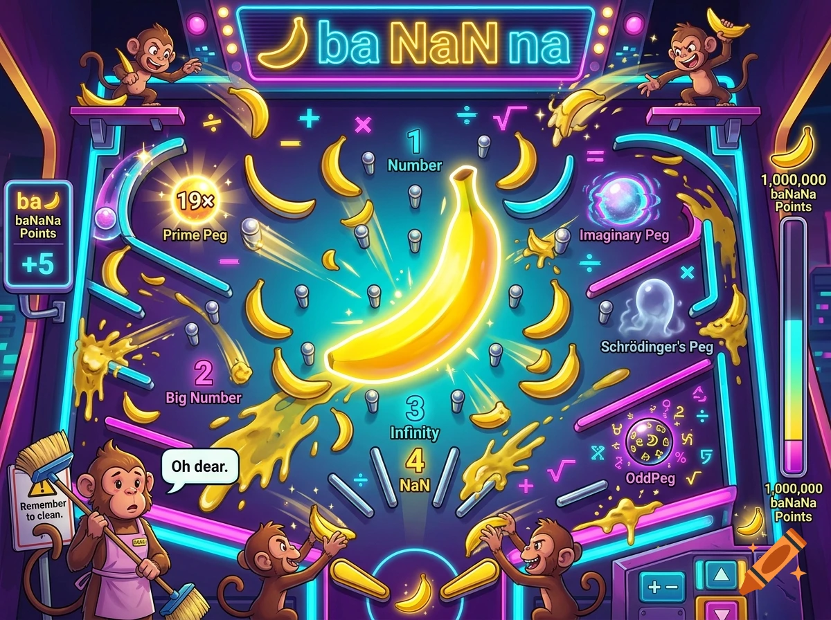 Colorful digital illustration of a banana-themed pinball machine with monkeys playing.