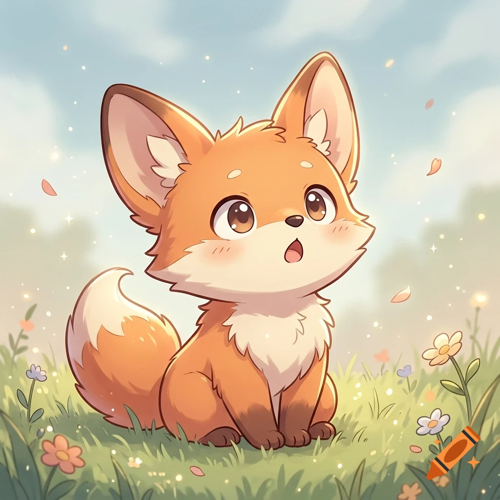 An adorable cartoon fox sitting in a meadow filled with flowers and floating petals under a soft sky.