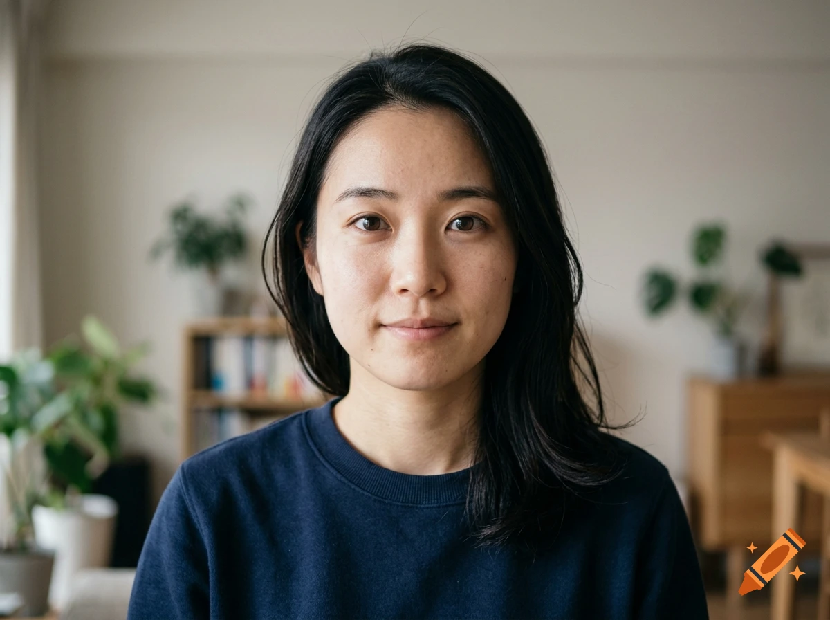 Close-up portrait of an Asian woman with long black hair wearing a dark blue sweater, indoors.