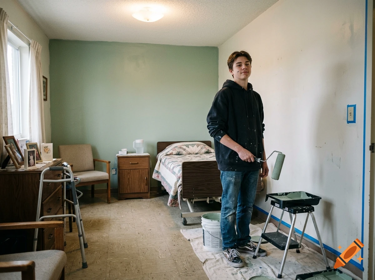 A young boy holding a paint roller in a nursing home room, photorealistic.