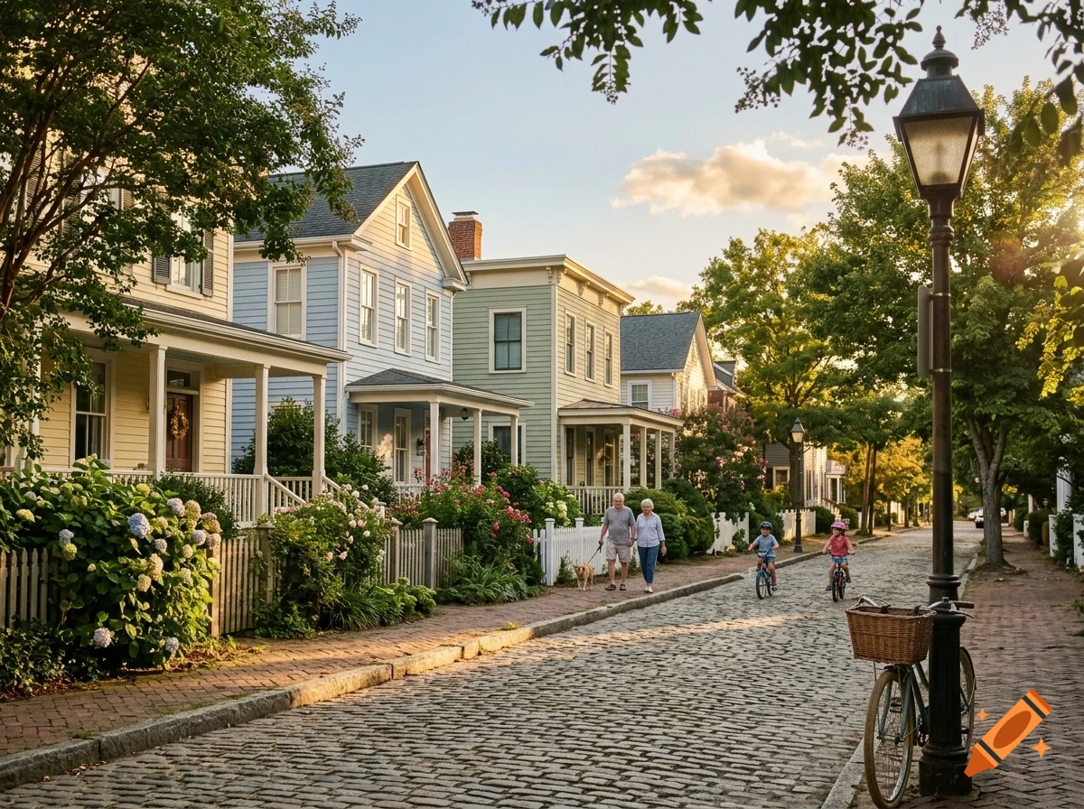 A cobblestone street lined with colorful historic houses, a lamppost, blooming bushes, and people walking and bicycling.