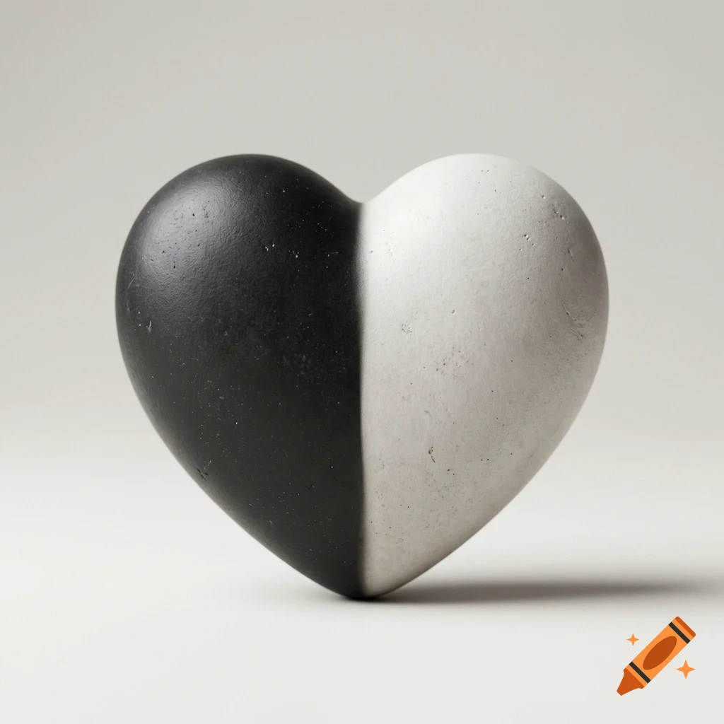 A smooth heart sculpture split vertically into a black half and a white half, resting on a light neutral background.