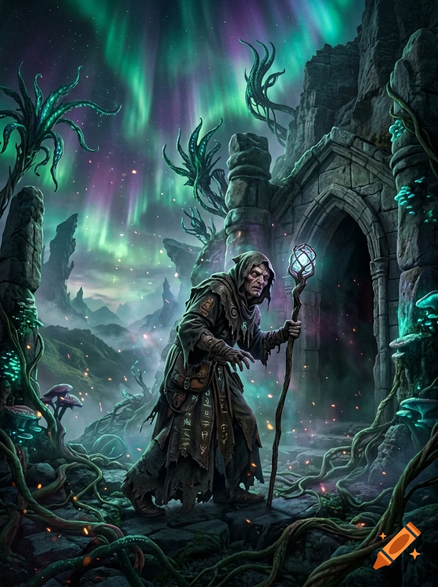 An aged robed figure holding a glowing staff stands outside an ancient stone archway in a mystical landscape under a green and purple aurora borealis.