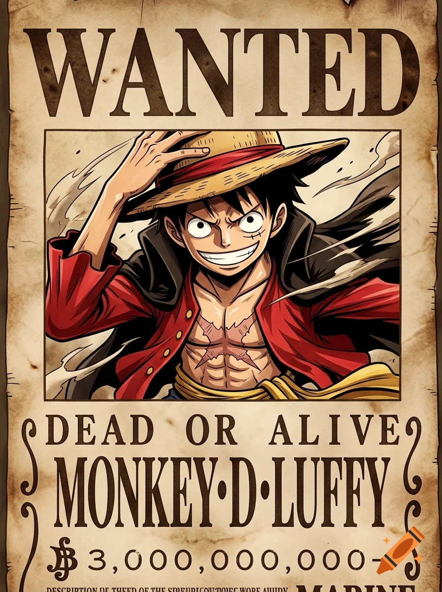 An illustrated wanted poster featuring Monkey D. Luffy from One Piece, showing him wearing his straw hat, red shirt, and holding his hat with a dynamic expression.