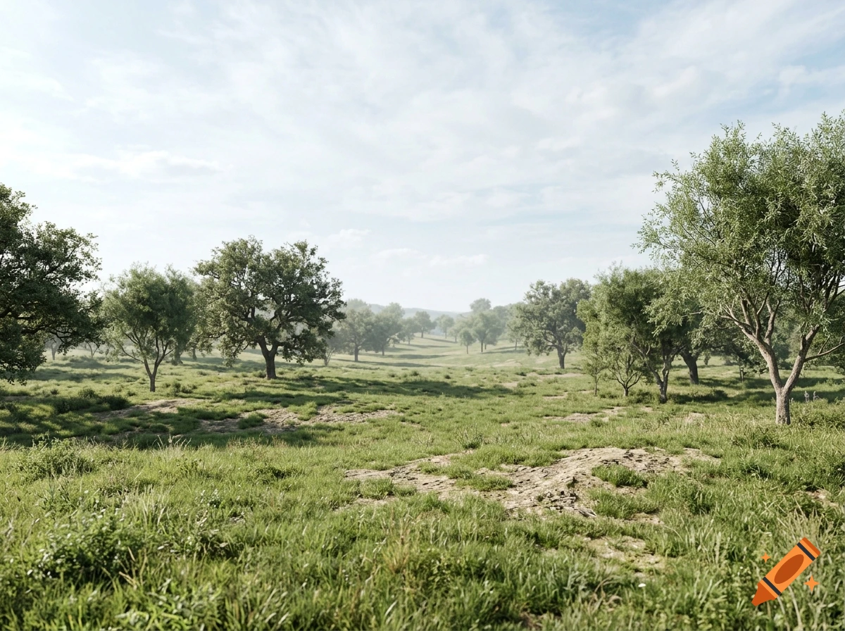 Photorealistic landscape of a grassy field with scattered trees under a partly cloudy sky.