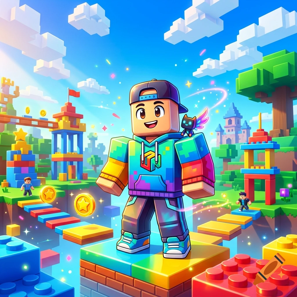 Vibrant digital illustration of a Roblox-style avatar standing on a colorful brick platform in a fantasy world with floating islands.