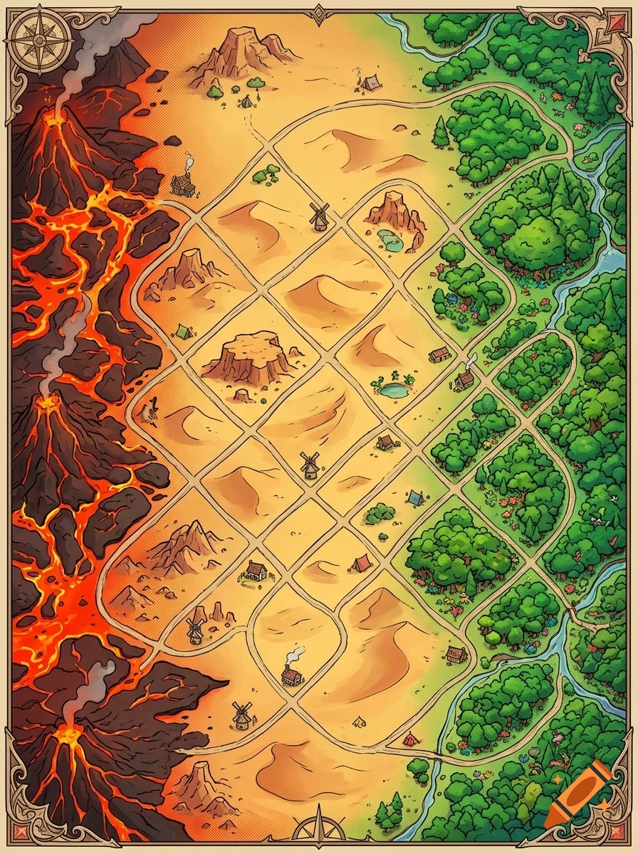 An illustrated fantasy map featuring an active volcano region, a desert path with small buildings and windmills, and a lush forest with a winding river.