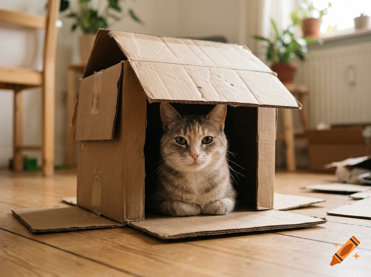 Photorealistic image of a tabby cat sitting inside a small handmade cardboard box house on a wooden floor.