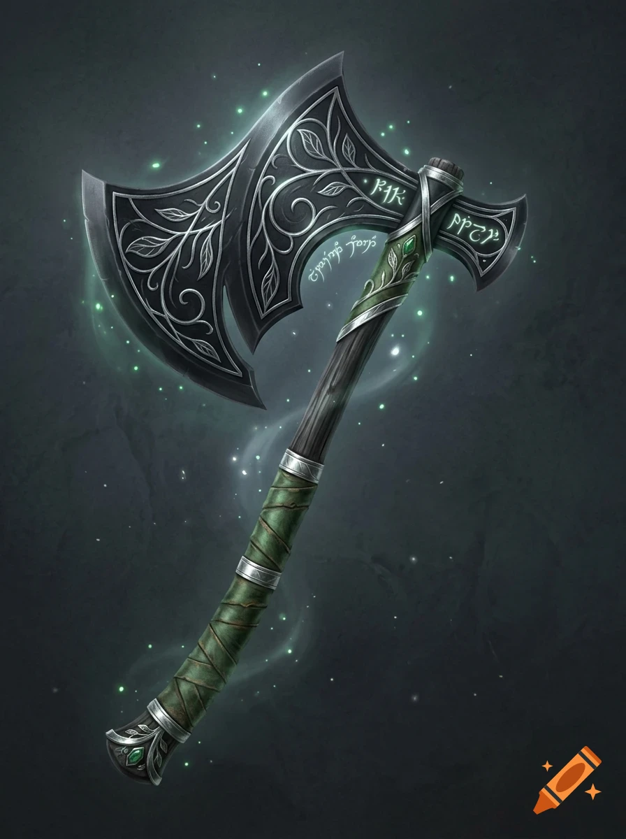 An ornate double-bitted fantasy axe with glowing runes and vine engravings, surrounded by glowing green particles.