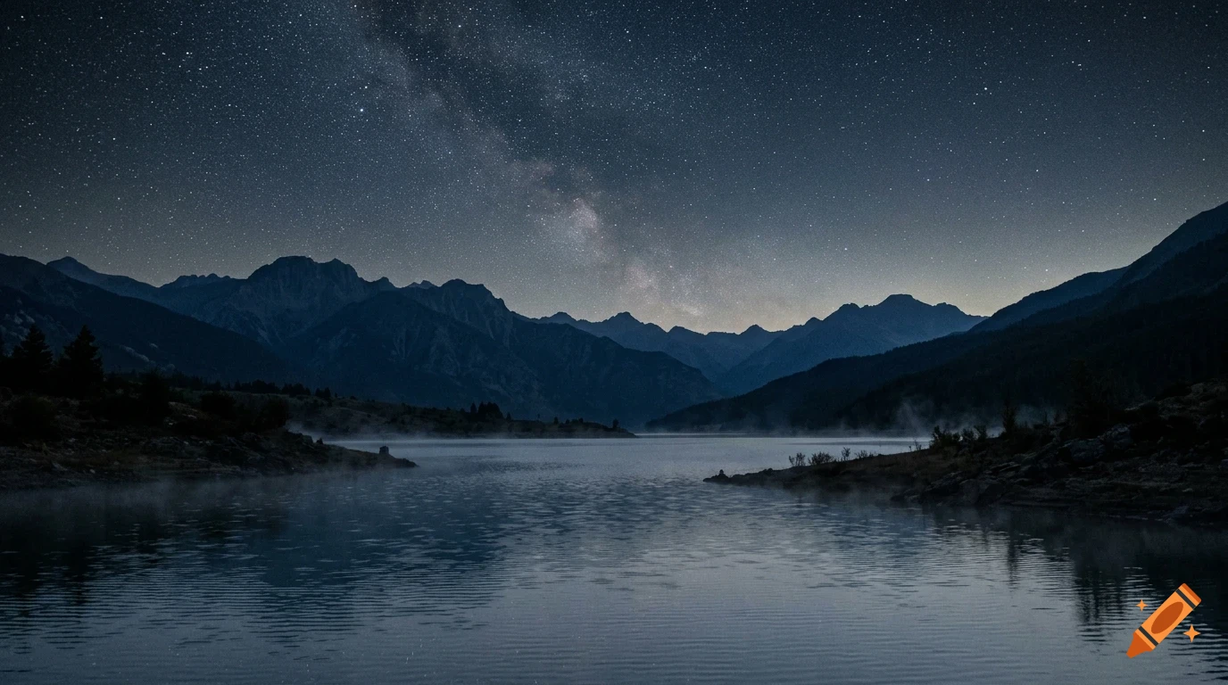 Night landscape showing a calm lake reflecting the starry sky with the Milky Way visible above silhouetted mountains.
