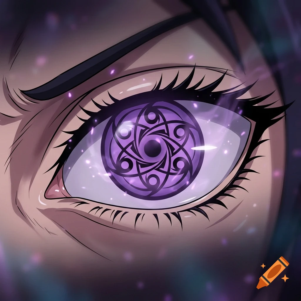 Close-up of a person's eye with a purple iris featuring an intricate swirl pattern, rendered in an anime style.