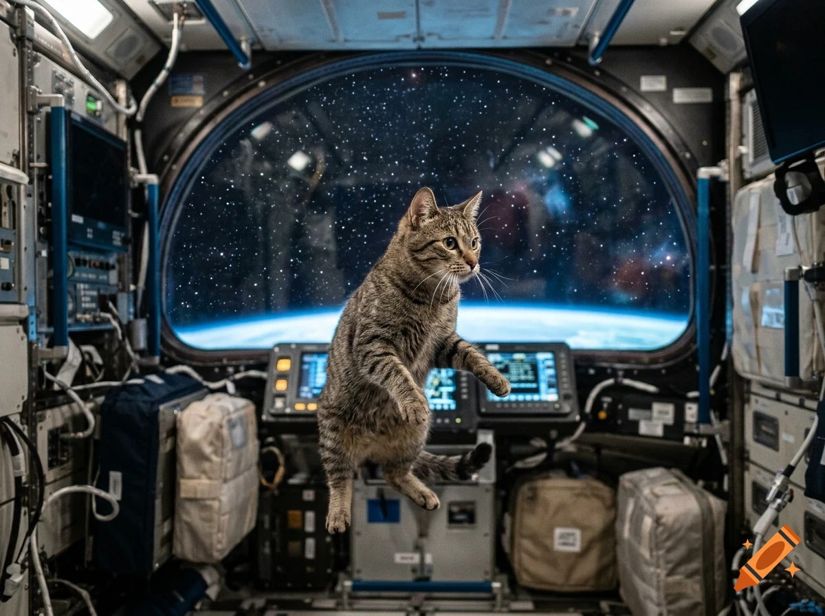 A tabby cat floats in zero gravity inside the cabin of a spacecraft, with a large window showing Earth and stars in the background.