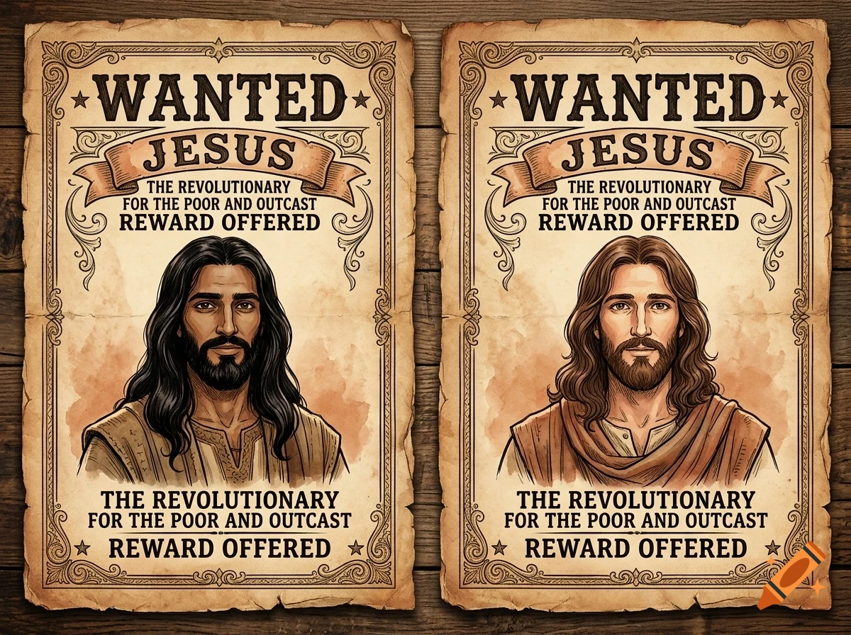 Two antique-style wanted posters side by side featuring portraits of Jesus with the text WANTED JESUS THE REVOLUTIONARY FOR THE POOR AND OUTCAST REWARD OFFERED.