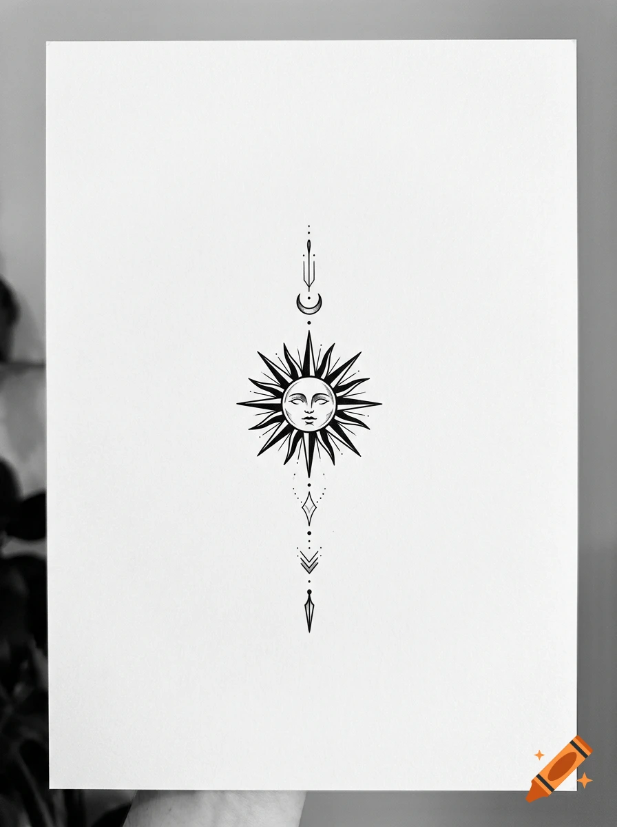 Black and white tattoo flash design featuring a stylized sun with a face, moon, and geometric vertical elements.