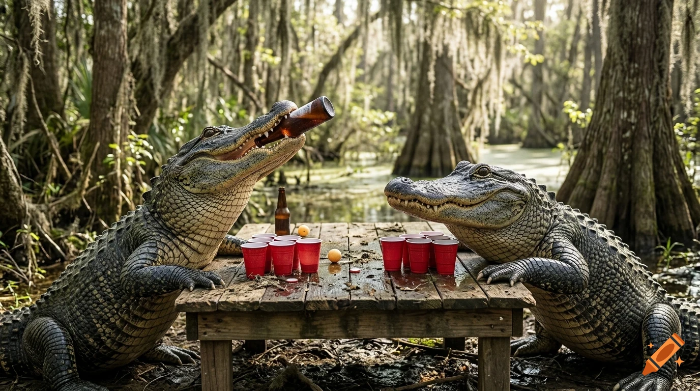 Two alligators playing beer pong on a wooden table in a swamp filled with cypress trees.