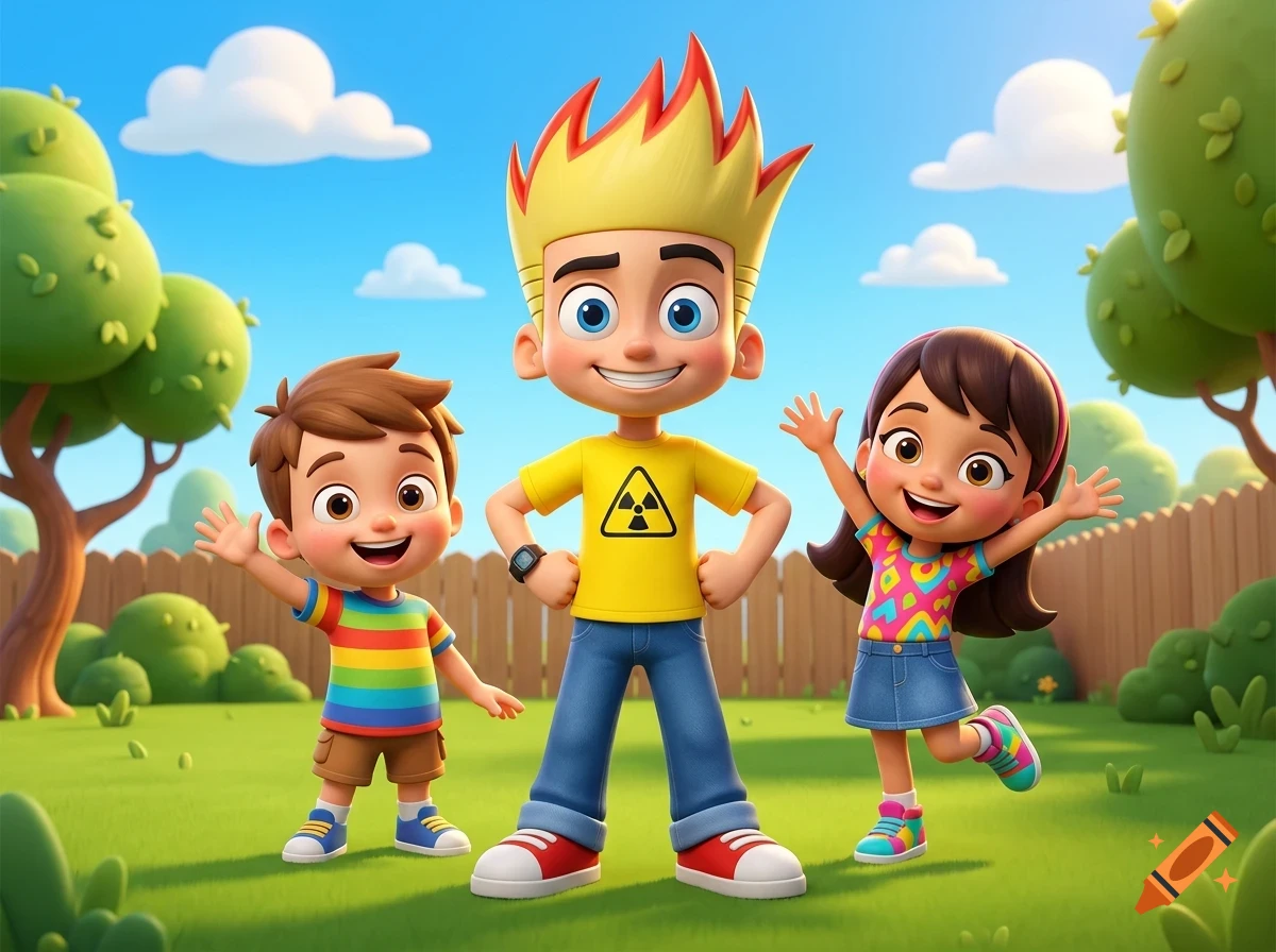 Three cartoon characters standing in a green yard under a sunny sky with white clouds, including a central boy with spiky yellow hair wearing a radiation symbol on his shirt, flanked by a smaller boy waving and a girl waving.