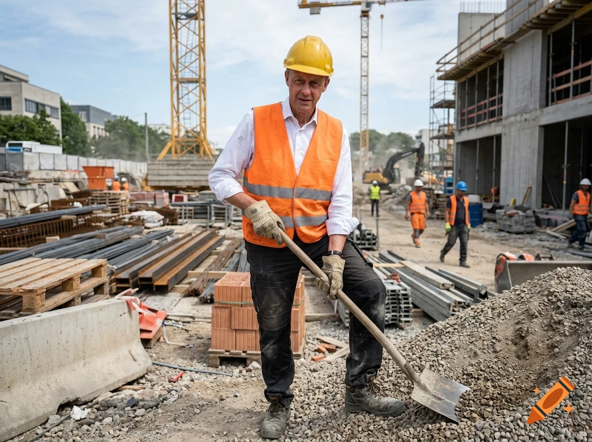 A construction worker wearing a yellow hard hat and orange vest holds a shovel on a busy building site with other workers and heavy machinery in the background.