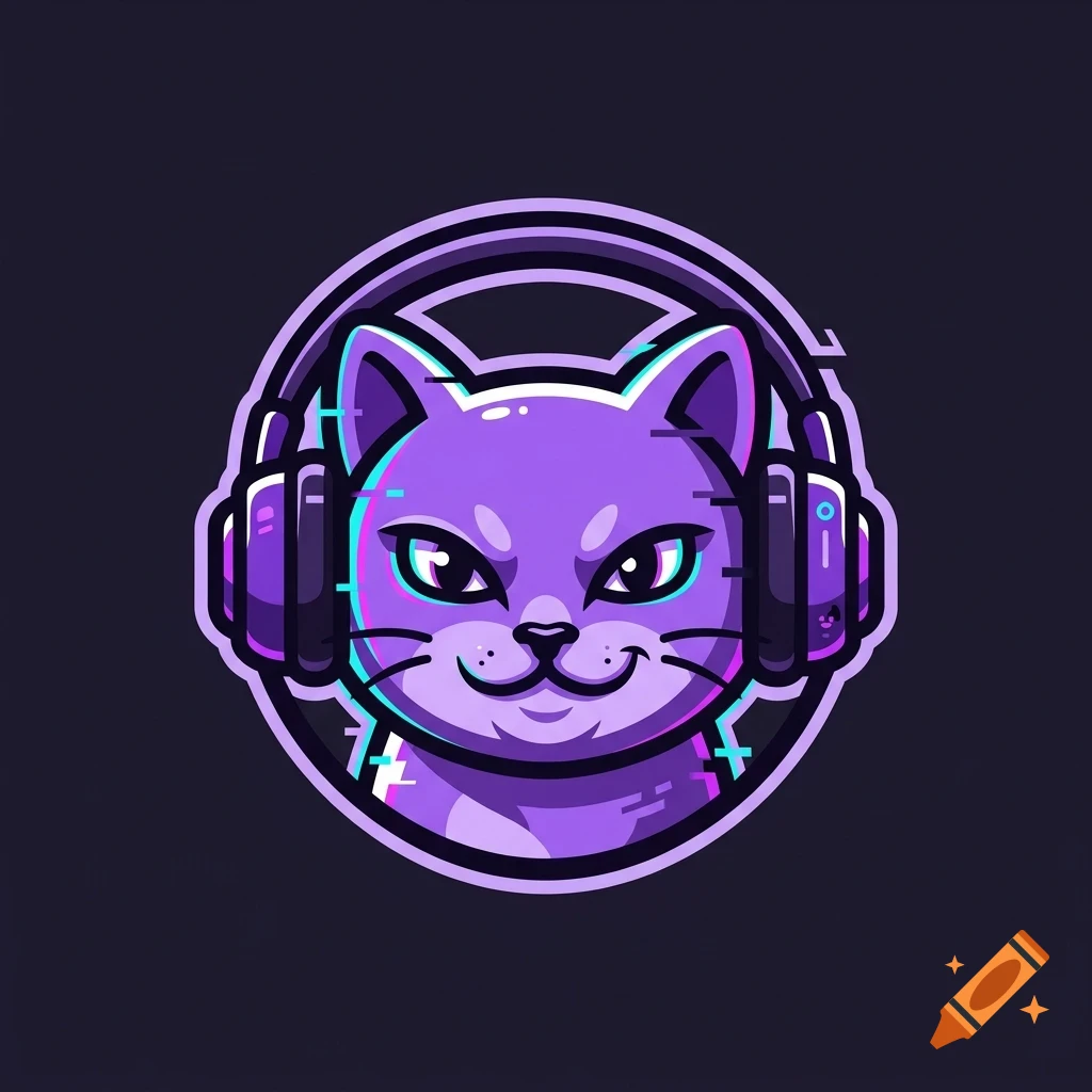A purple illustrated cat wearing large headphones inside a circular badge with glitch effects.