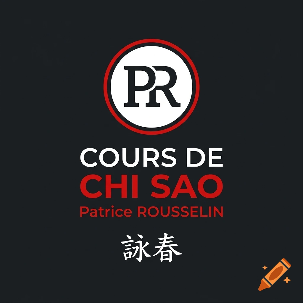 Flat vector logo on a dark charcoal background with a red and white PR emblem, text reading COURS DE CHI SAO Patrice ROUSSELIN, and Chinese characters.