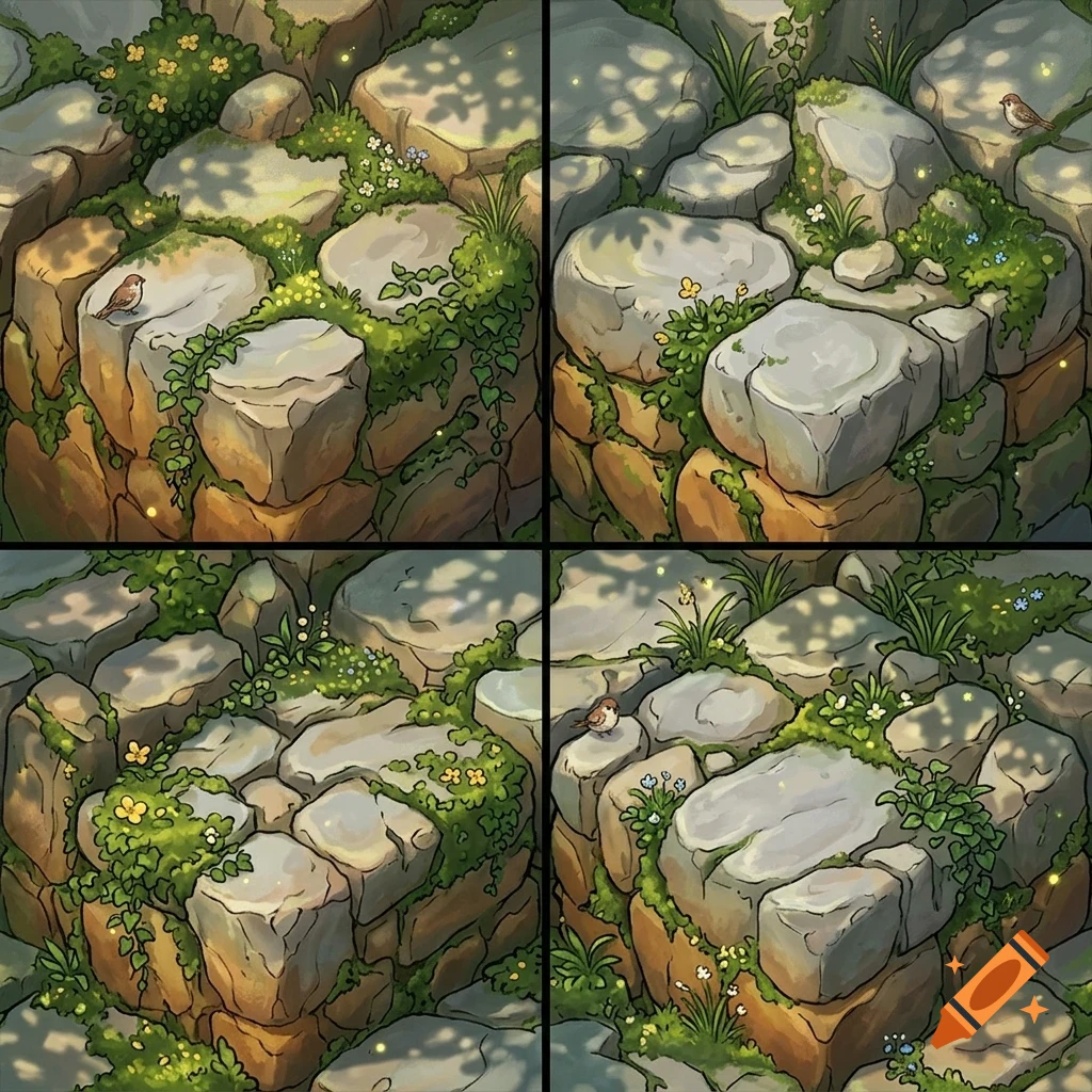 Four-panel illustration of stone blocks covered in moss, grass, and small flowers, with sunlight and shadows filtering through leaves.
