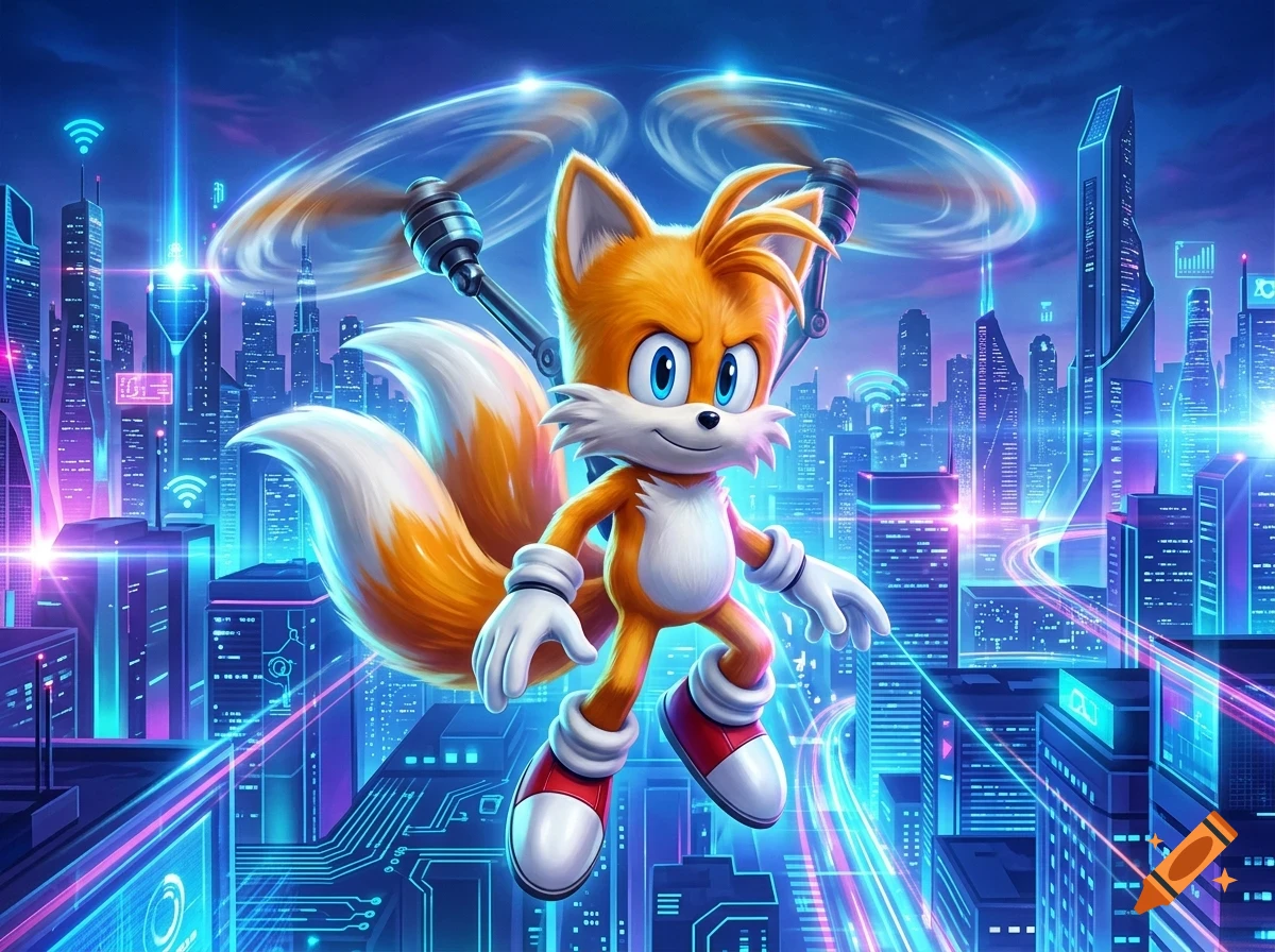 Tails from Sonic the Hedgehog flying with mechanical propellers over a glowing futuristic city at night.