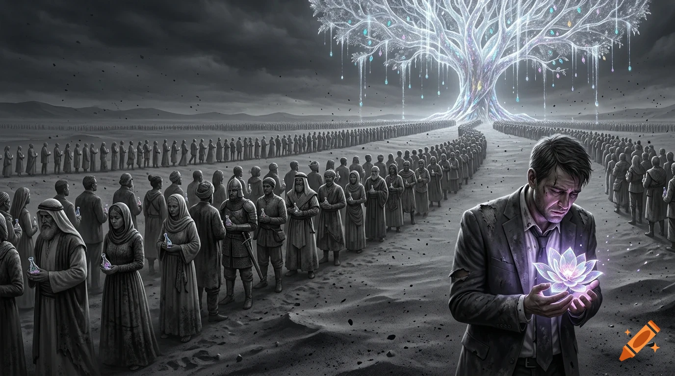 A man in a tattered suit holds a glowing lotus flower, standing before a long queue of people stretching toward a glowing, weeping tree under a dark sky.