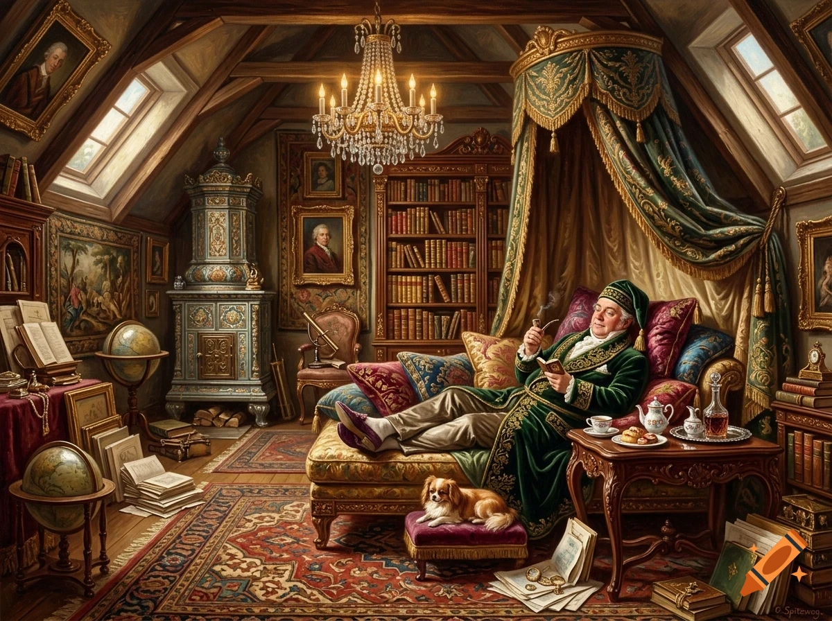 An oil painting of a man in a green robe relaxing in a cozy, book-filled attic study with a small dog at his feet.
