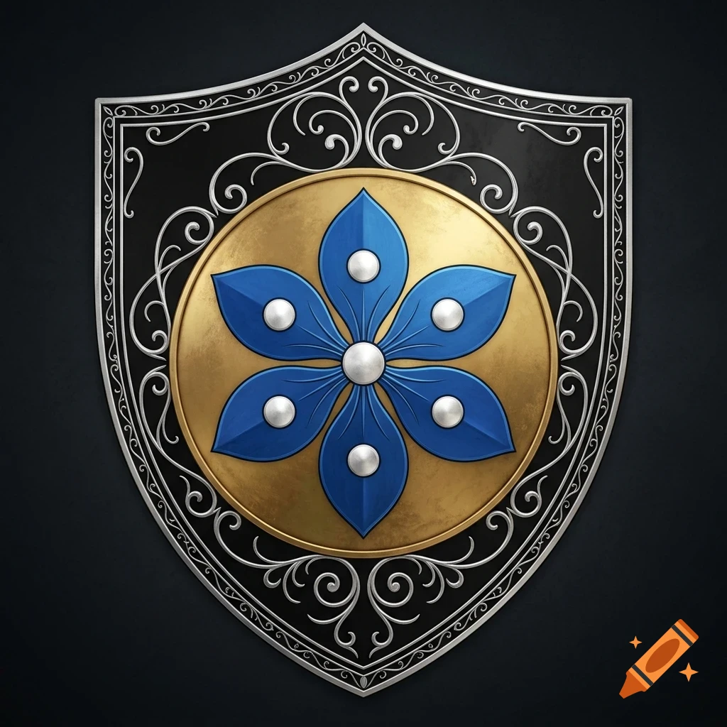 An ornate silver and gold shield features a central blue six-petaled flower design with white pearl-like accents against a dark background.