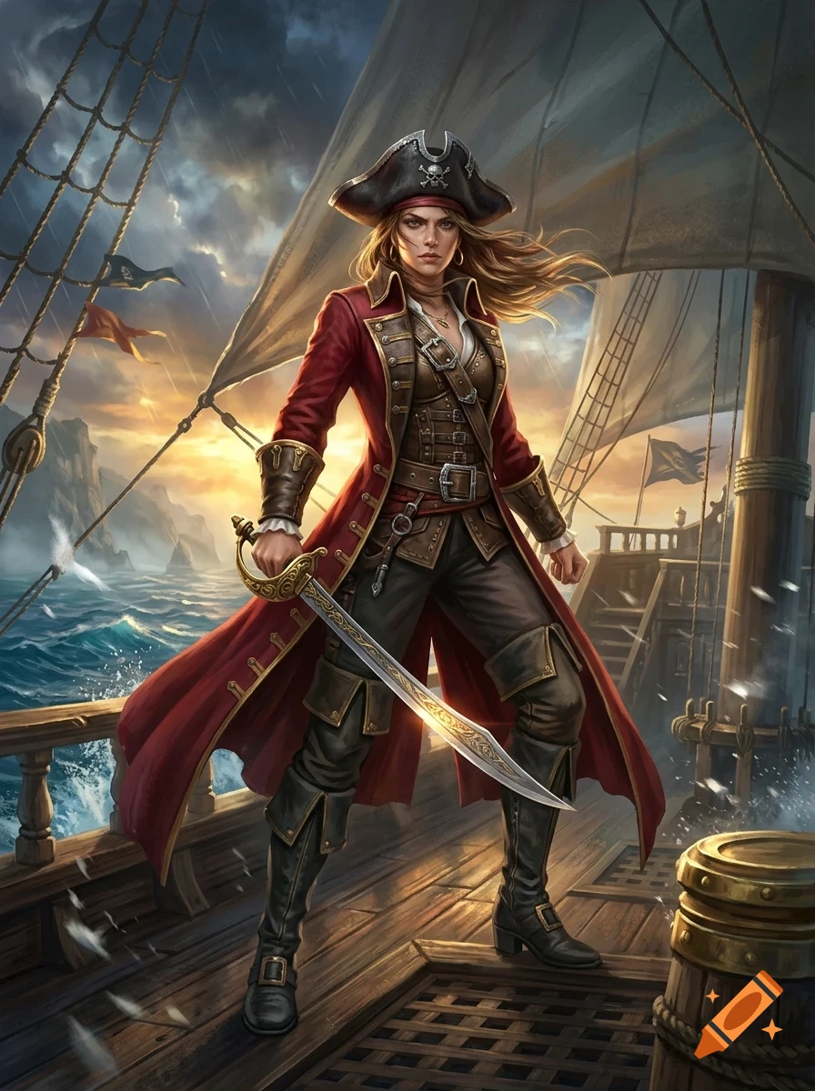 A fierce female pirate captain in a red coat and tricorn hat holding a sword on the deck of her ship.