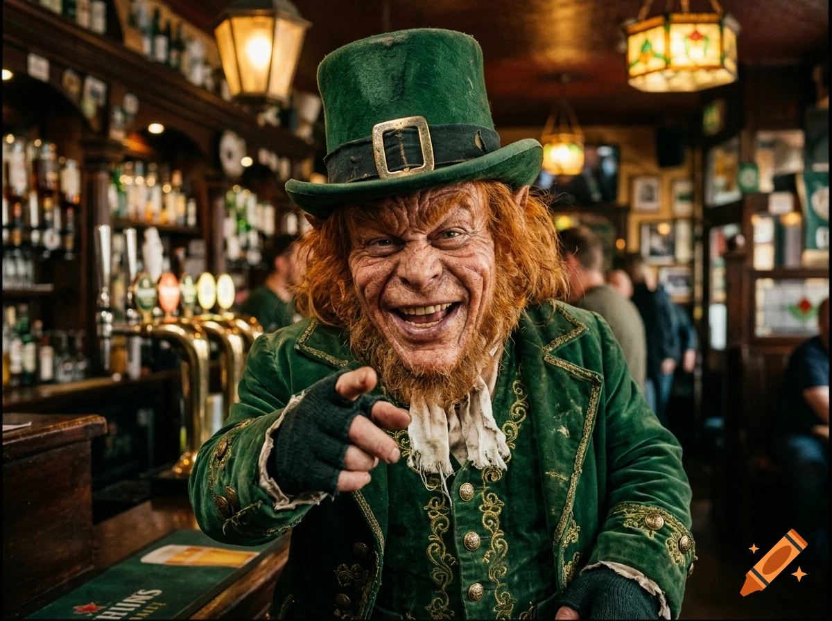 A smiling leprechaun character wearing a green top hat and coat points forward inside a pub.