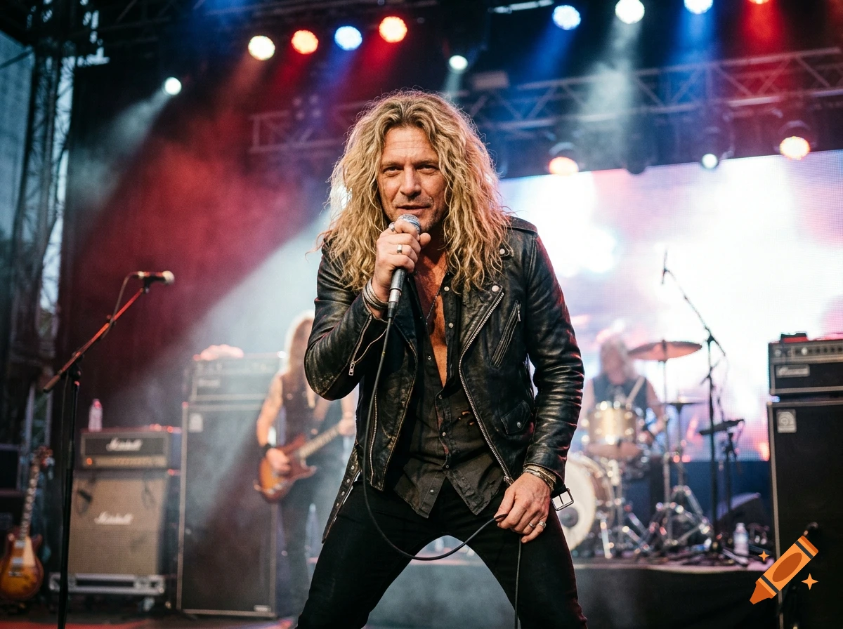 Photorealistic concert photo of a long-haired rock singer holding a microphone on stage.