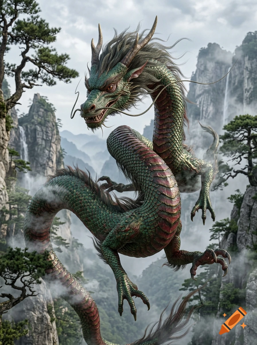 Photorealistic image of a detailed green and red Chinese dragon soaring through misty mountain peaks.