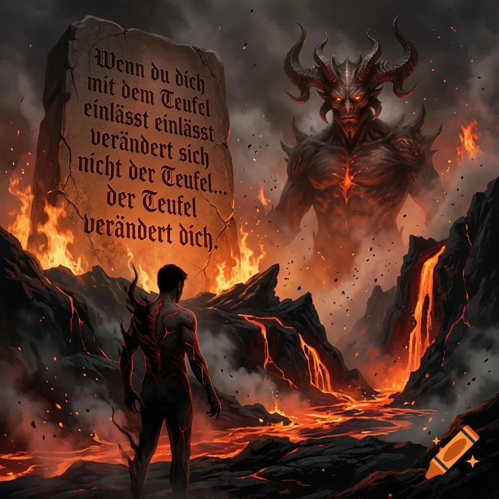 A person standing in a fiery volcanic landscape facing a horned demon and a large stone tablet with German text.