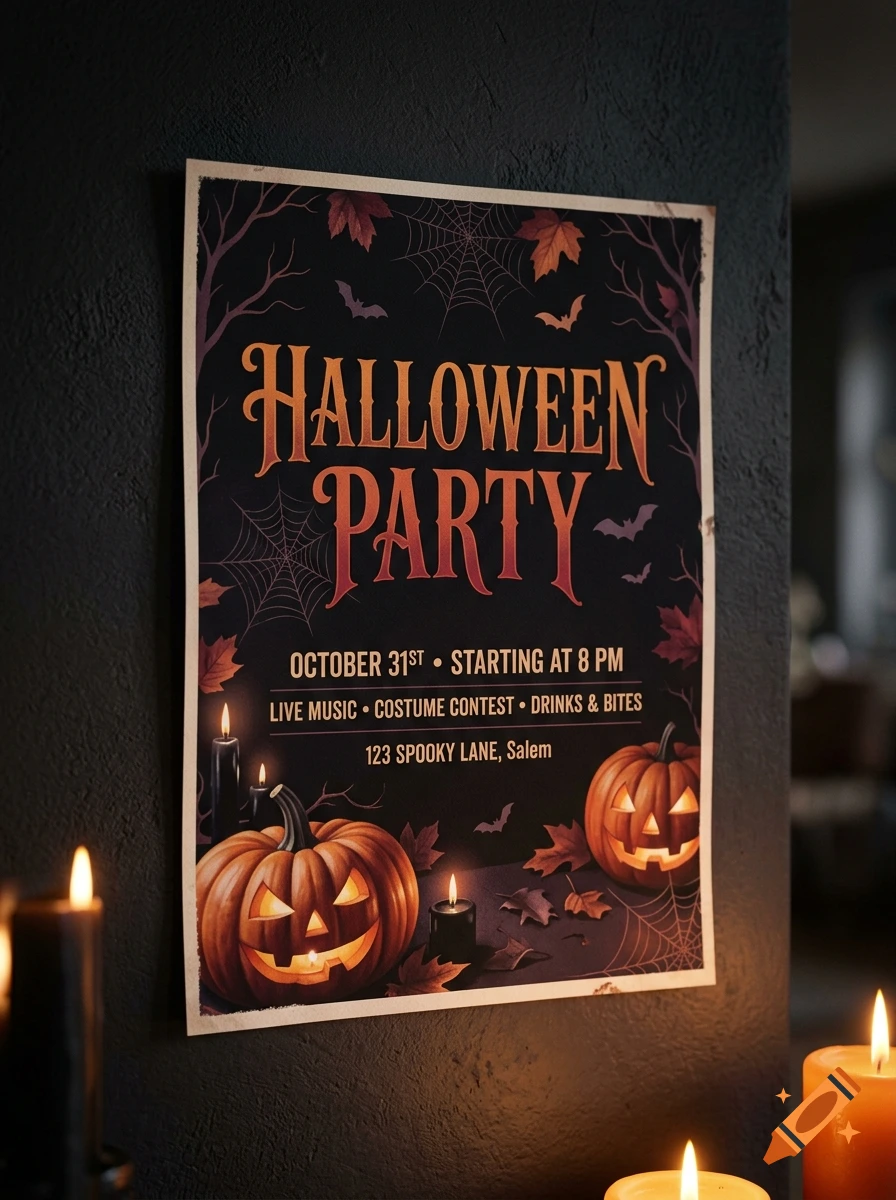 A Halloween party poster hanging on a dark wall, featuring pumpkins, candles, bats, and spooky text.