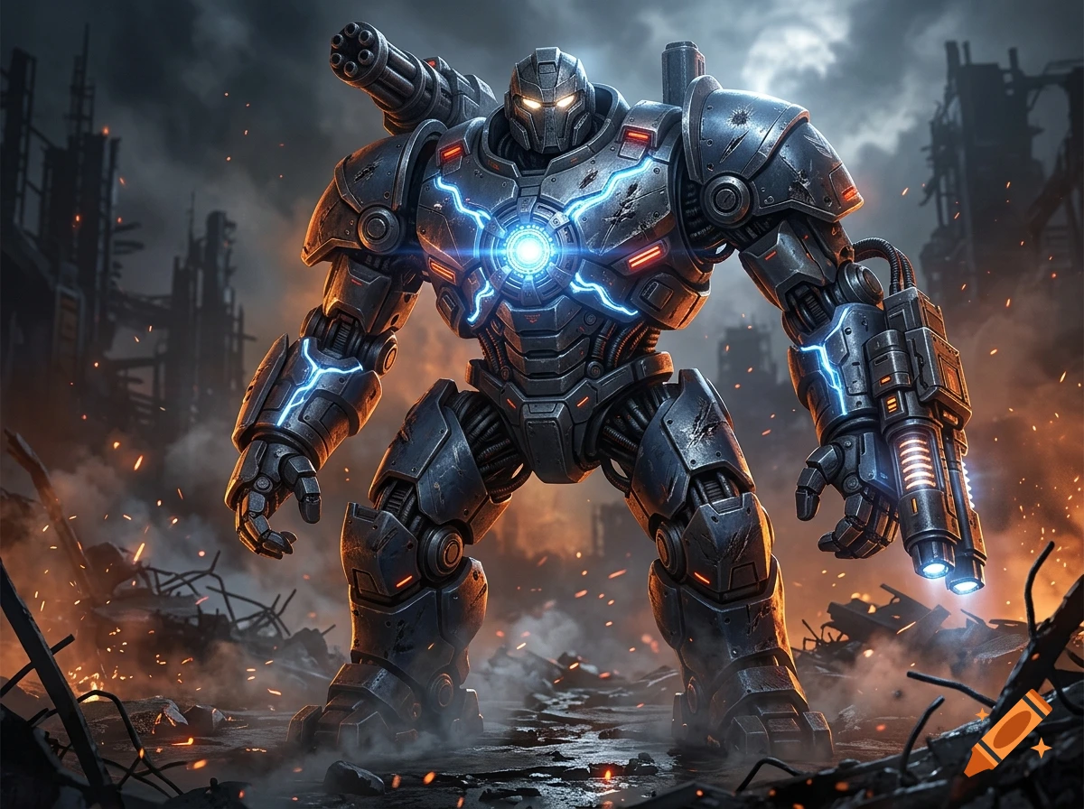 A heavily armored, bipedal combat mecha stands in a war-torn, smoky urban landscape with glowing blue energy accents.