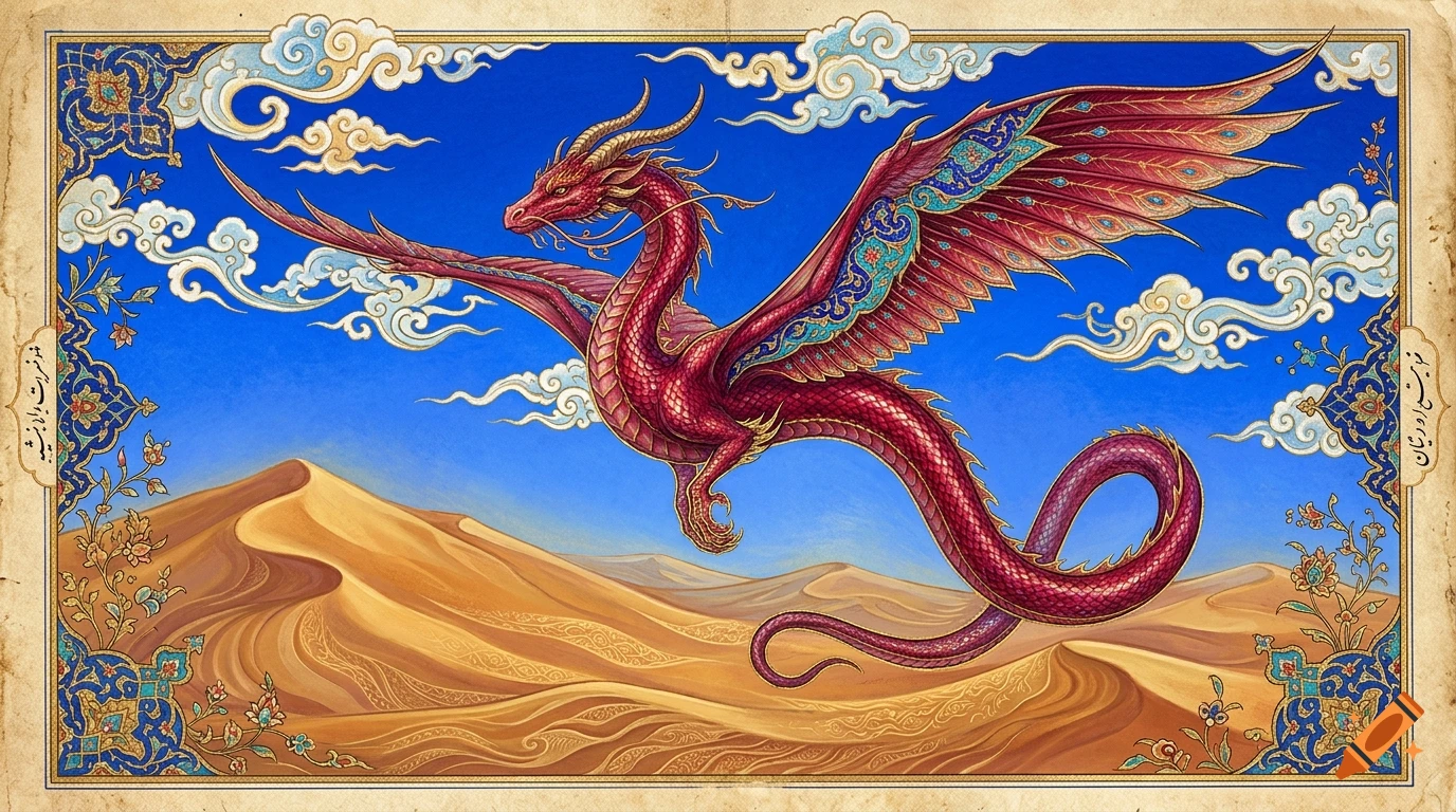 An ornate, red-scaled winged dragon flies over a desert landscape with sand dunes and a blue sky with stylized white clouds, framed by intricate floral patterns and Persian-style border art.