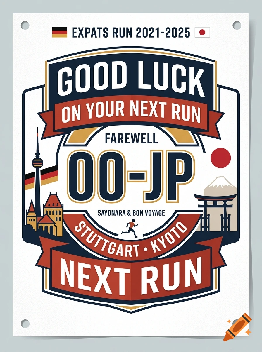 A farewell marathon start number poster for an expat moving between Stuttgart, Germany and Kyoto, Japan.