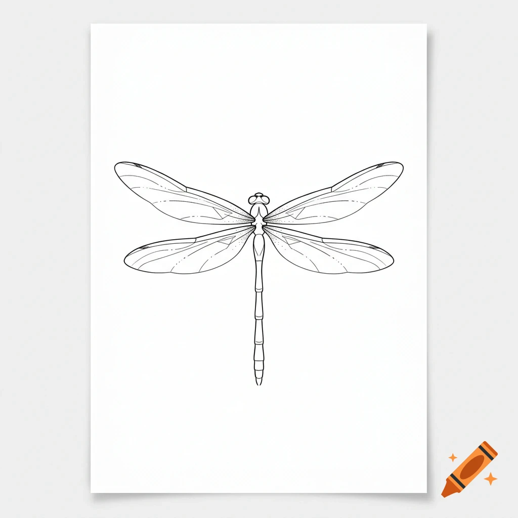 A black and white line drawing of a dragonfly centered on a white background.