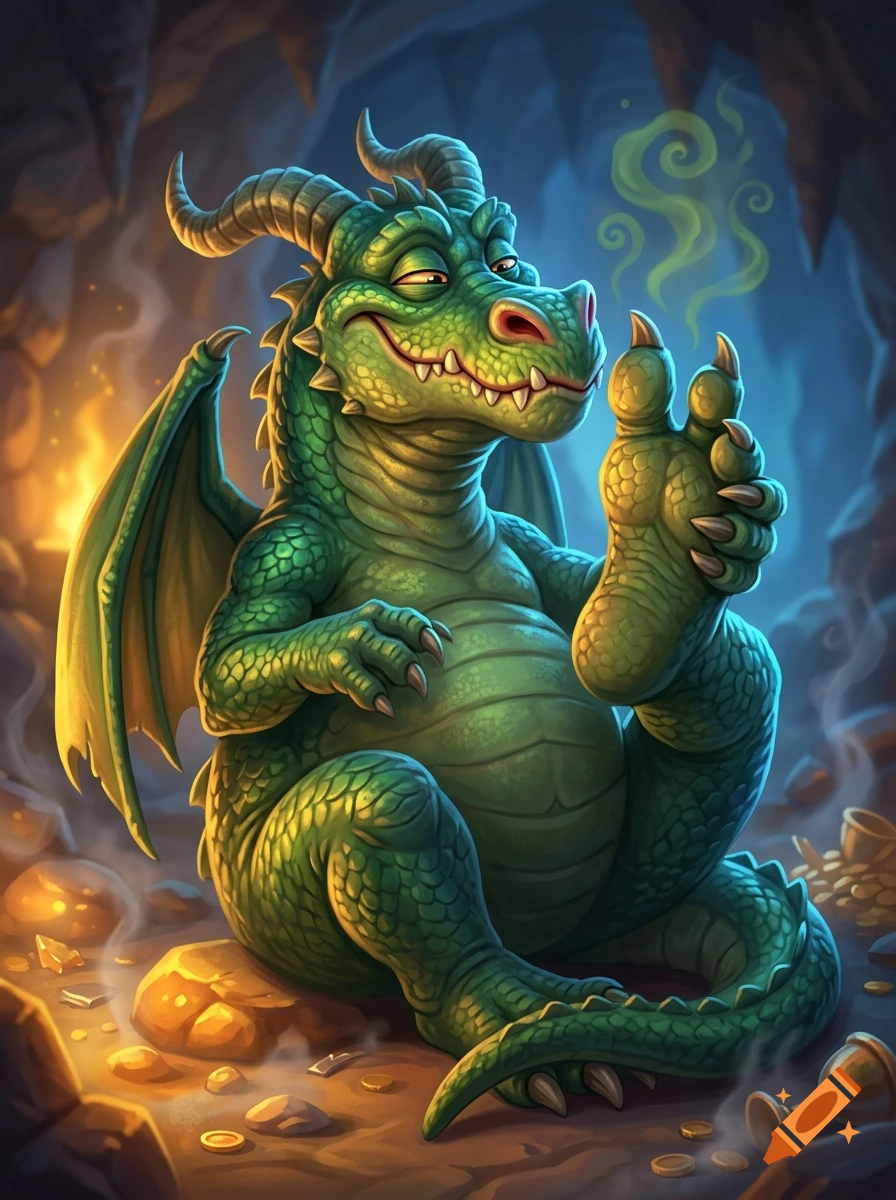 Digital illustration of a smiling green anthropomorphic dragon sitting in a cave, holding and smelling his foot.