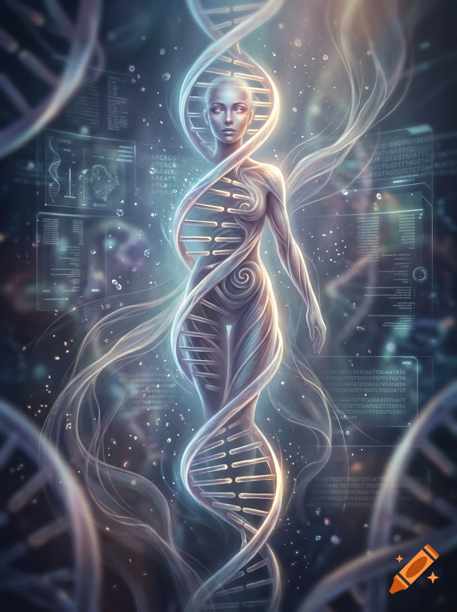 Digital art of a human figure intertwined with glowing DNA strands against a dark, futuristic background with holographic screens.