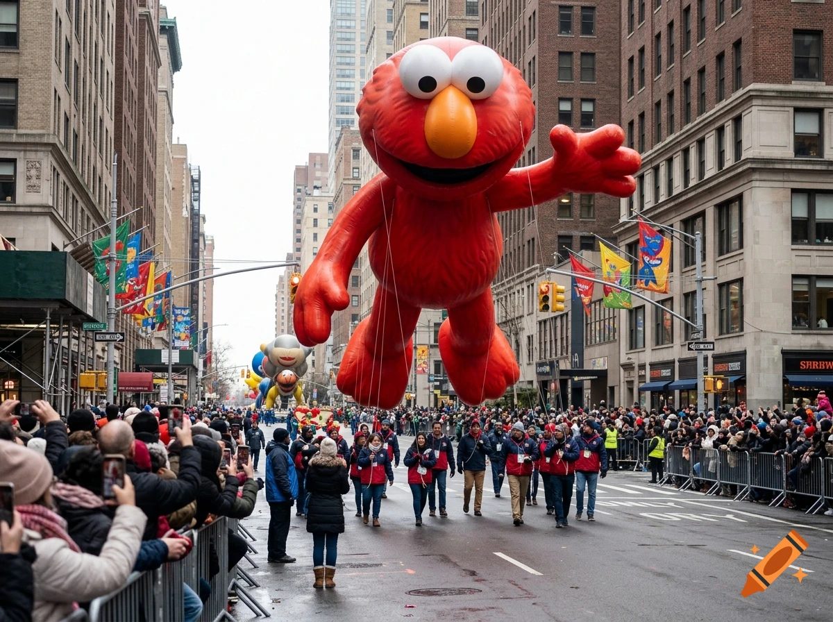 A giant Elmo parade balloon floating down a city street lined with crowds watching.