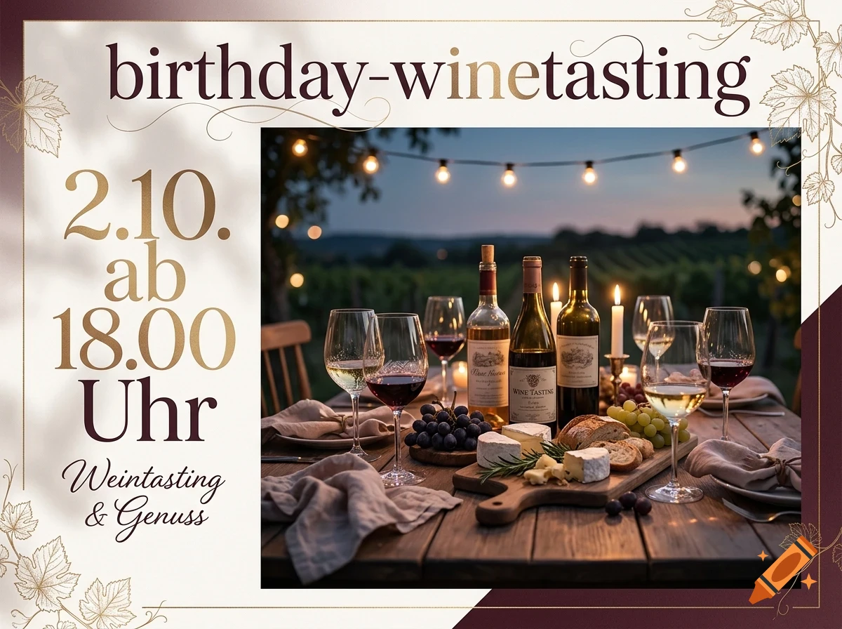 An invitation flyer for a birthday wine tasting event featuring an outdoor table set with wine bottles, glasses, cheeses, and grapes at twilight.