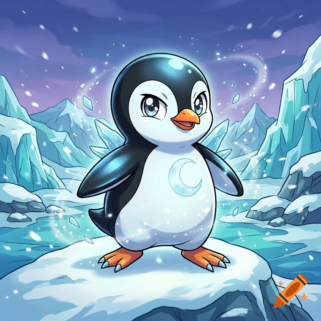 An illustration of a cute cartoon penguin with a crescent moon symbol on its belly, standing on snowy ground surrounded by icy mountains.