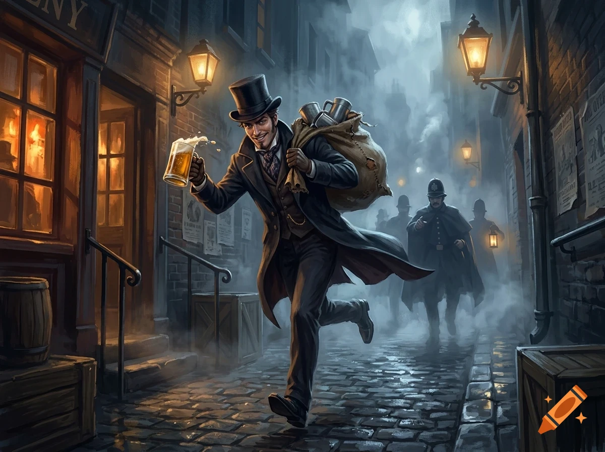 A man in a top hat and coat runs down a cobblestone street at night, holding a mug of beer and carrying a heavy sack over his shoulder, while police officers chase him from behind.